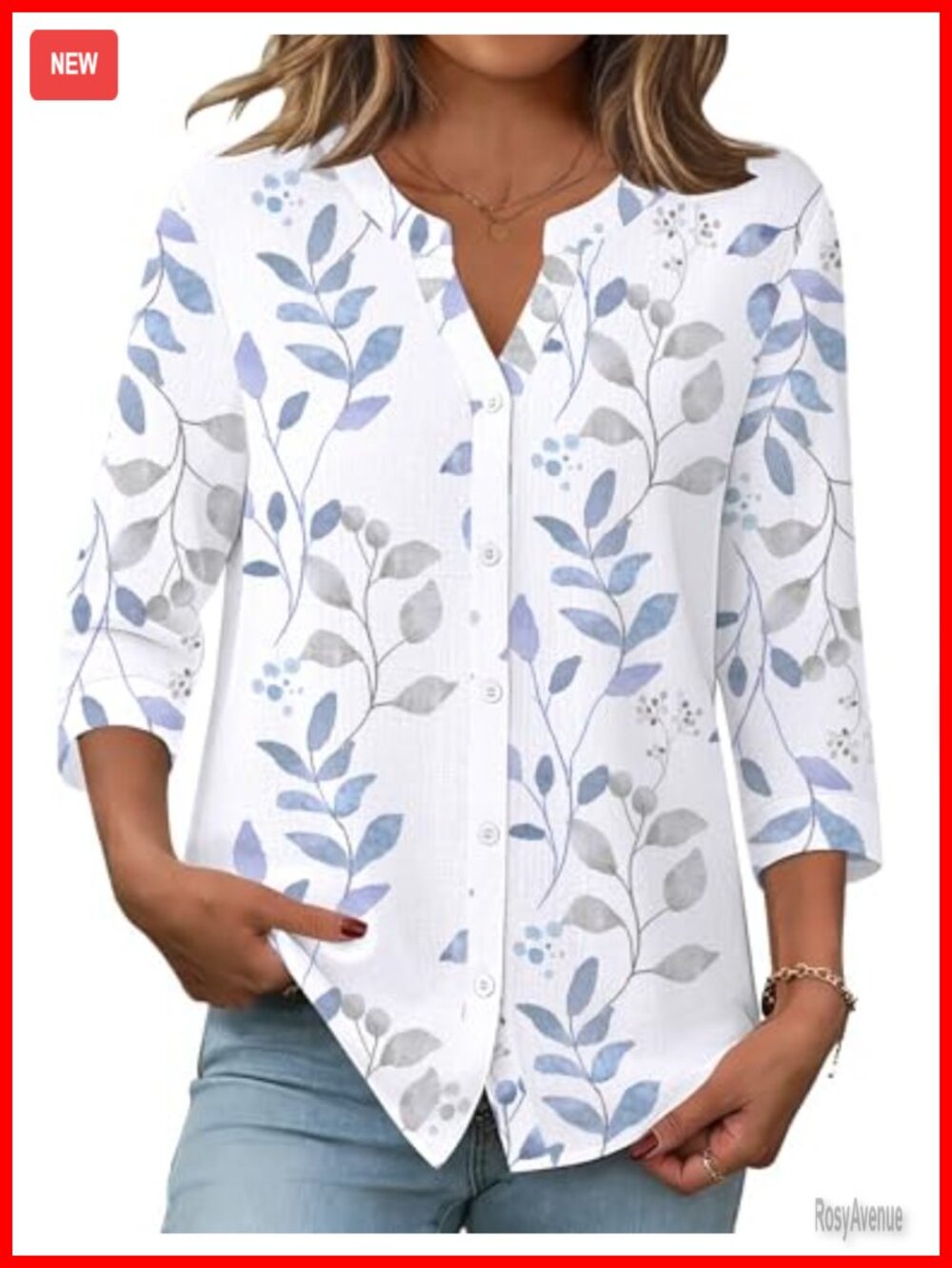 Women's 3/4 Sleeve Button Down Shirt V-Neck Cotton Linen Work Blouse